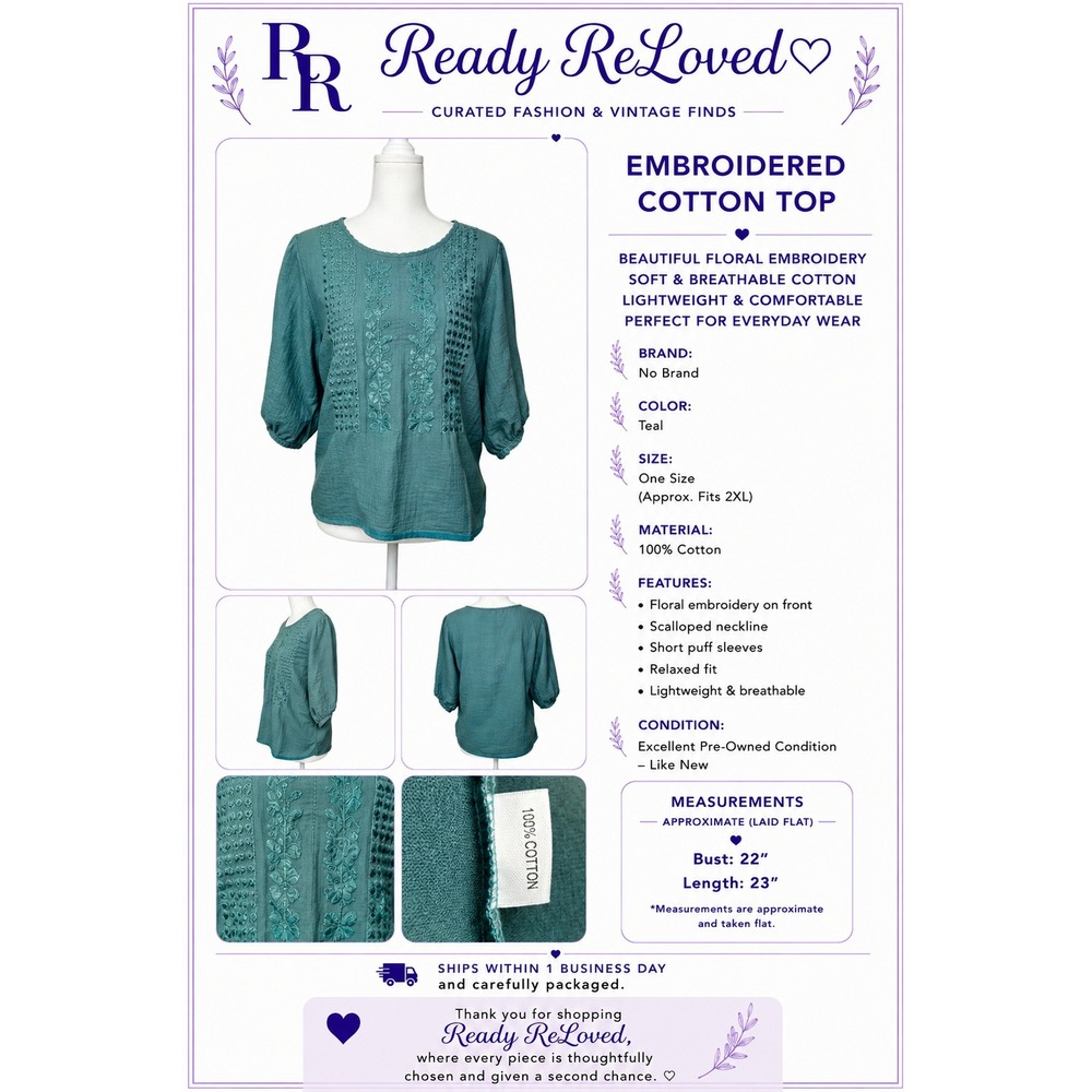 Women's Teal Embroidered Cotton Boho Top 3/4 Sleeve Relaxed Fit XL - Picture 2 of 7